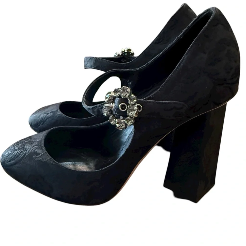Dolce & Gabbana Black Brocade Mary Jane Pumps Crystal Buckle EU 38 US 8